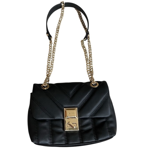 Aldo Rhili Black Shoulder/Crossbody Quilted Bag‎ Purse with  Gold Chain Strap - Picture 1 of 12